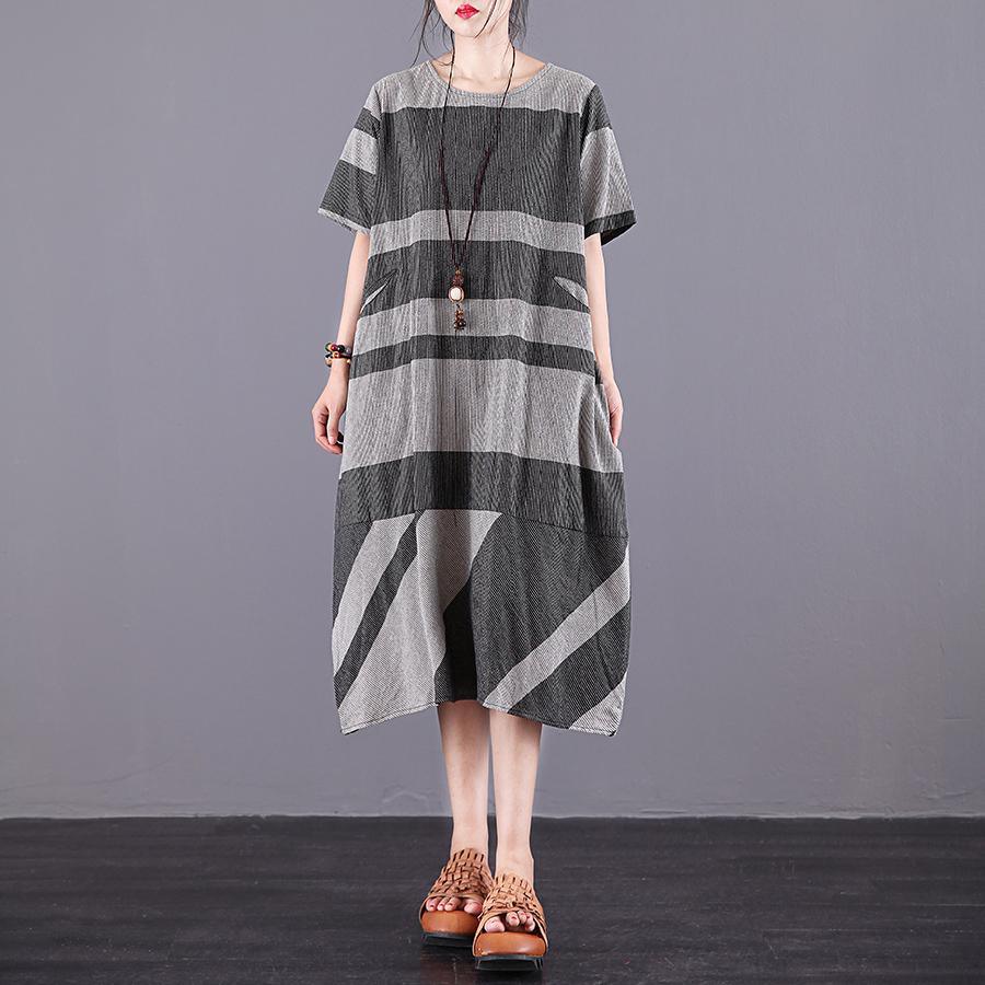 DIY o neck pockets cotton clothes Women Sewing gray striped  long Dress summer - Omychic
