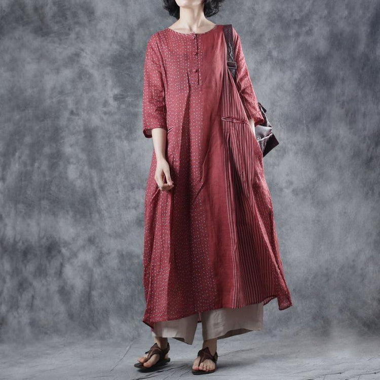 DIY o neck pockets linen Long Shirts Tutorials red dotted Dresses summer - Omychic