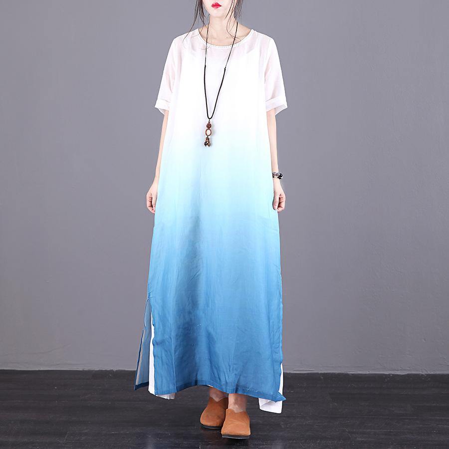 DIY o neck side open linen clothes For Women Catwalk blue Dresses summer - Omychic