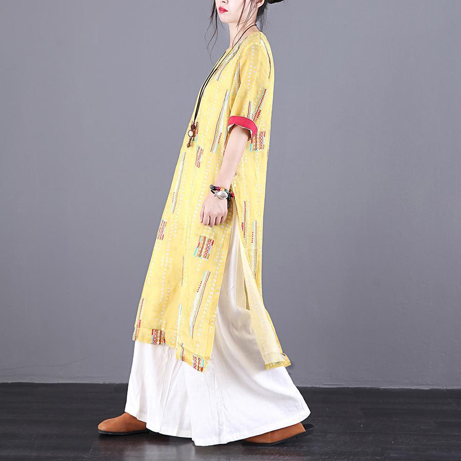 DIY o neck side open linen outfit Tutorials yellow print Dress summer - Omychic