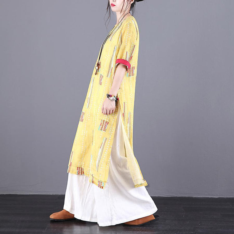 DIY o neck side open linen outfit Tutorials yellow print Dress summer - Omychic