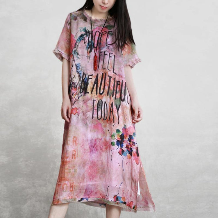 DIY o neck side open silk linen clothes plus size Wardrobes pink print Traveling Dresses Summer - Omychic