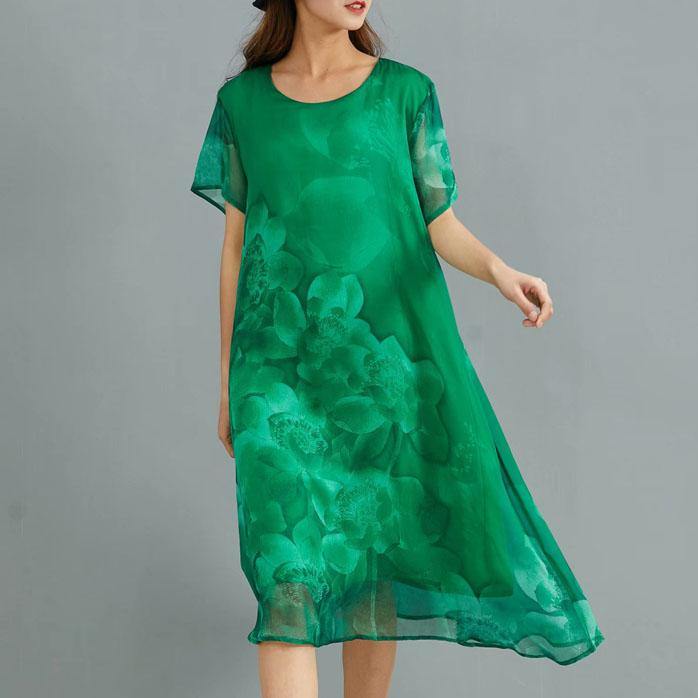 DIY o neck silk clothes For Women Sewing green print Dress summer - Omychic
