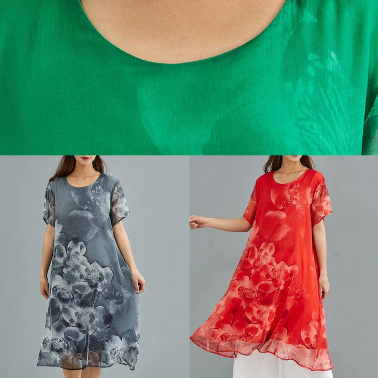 DIY o neck silk clothes For Women Sewing green print Dress summer - Omychic