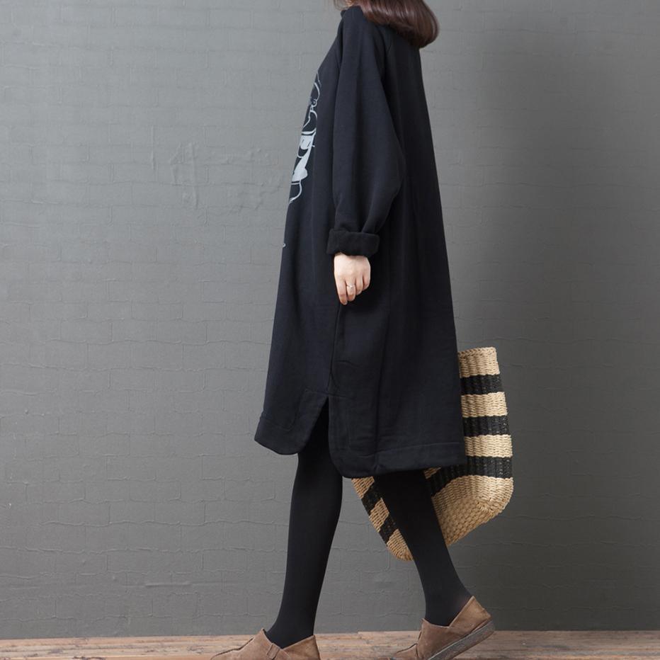 DIY o neck thick Cotton dress Wardrobes black print Dress - Omychic