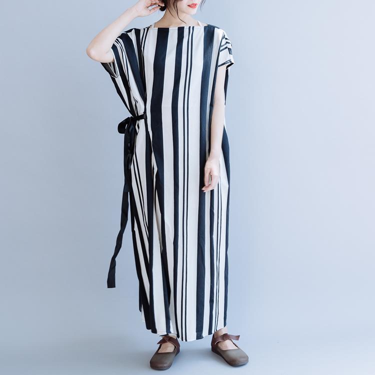 DIY o neck tie waist cotton dress Work black striped loose Dresses summer - Omychic