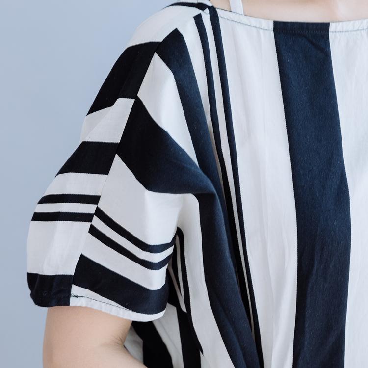 DIY o neck tie waist cotton dress Work black striped loose Dresses summer - Omychic