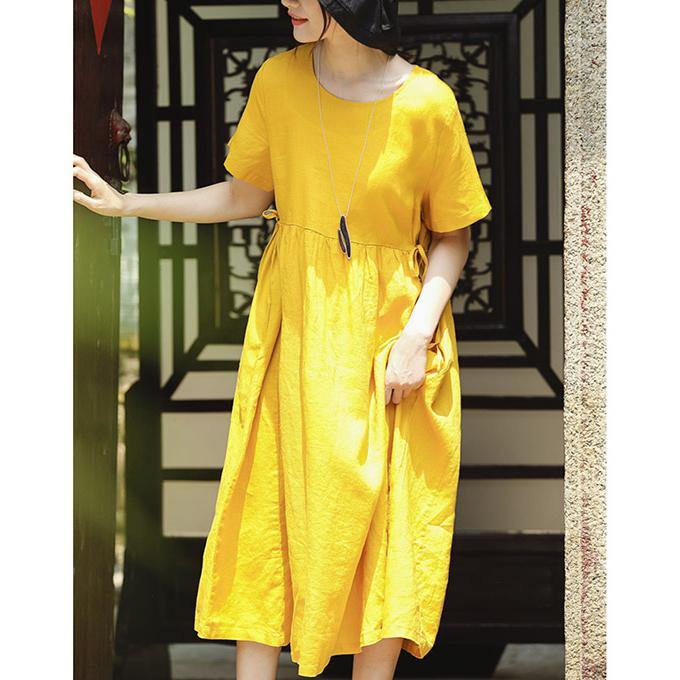 DIY o neck tie waist linen dress Metropolitan Museum Neckline yellow daily Dress summer - Omychic