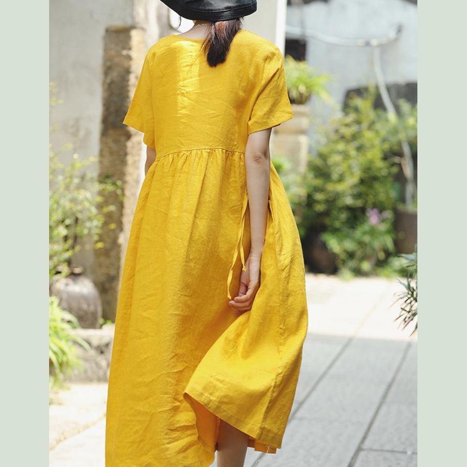 DIY o neck tie waist linen dress Metropolitan Museum Neckline yellow daily Dress summer - Omychic