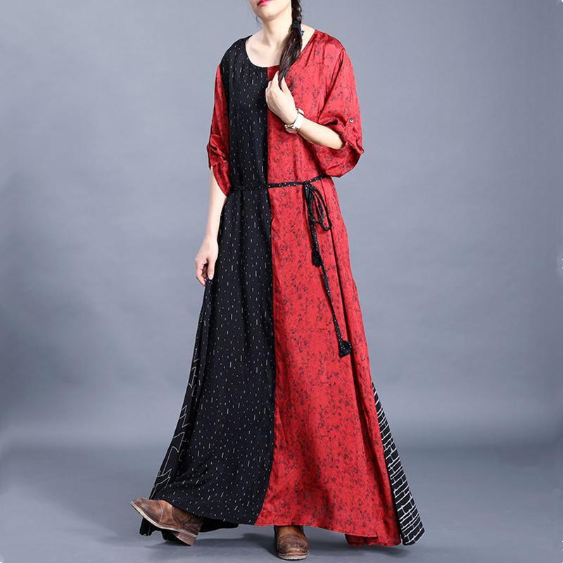 DIY o neck tunic top design black patchwork red Plus Size Dress - Omychic