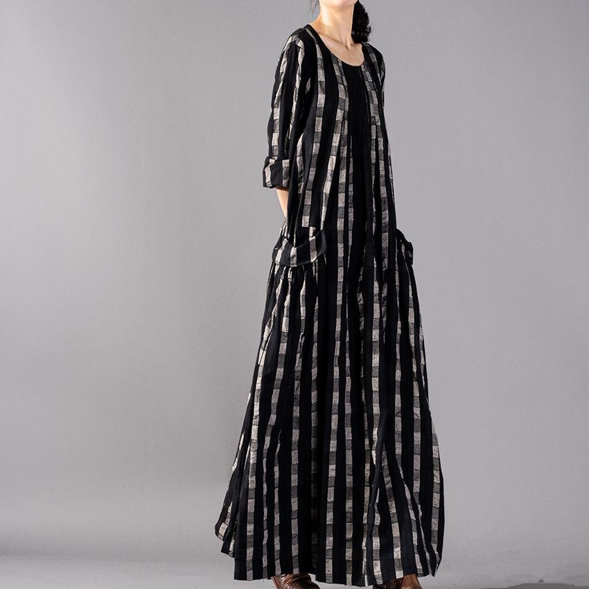 DIY o neck wrinkled linen dresses plus size Shirts black Plaid Maxi Dress spring - Omychic