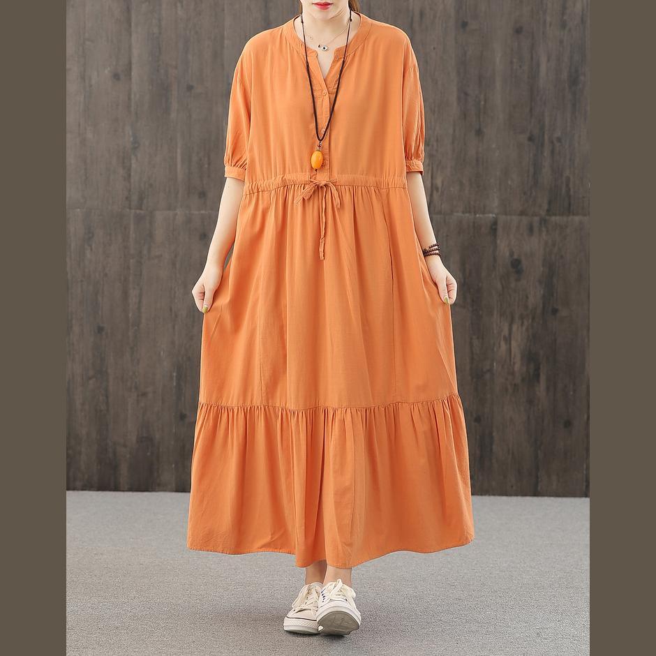 DIY orange dresses v neck wrinkled robes Dresses - Omychic