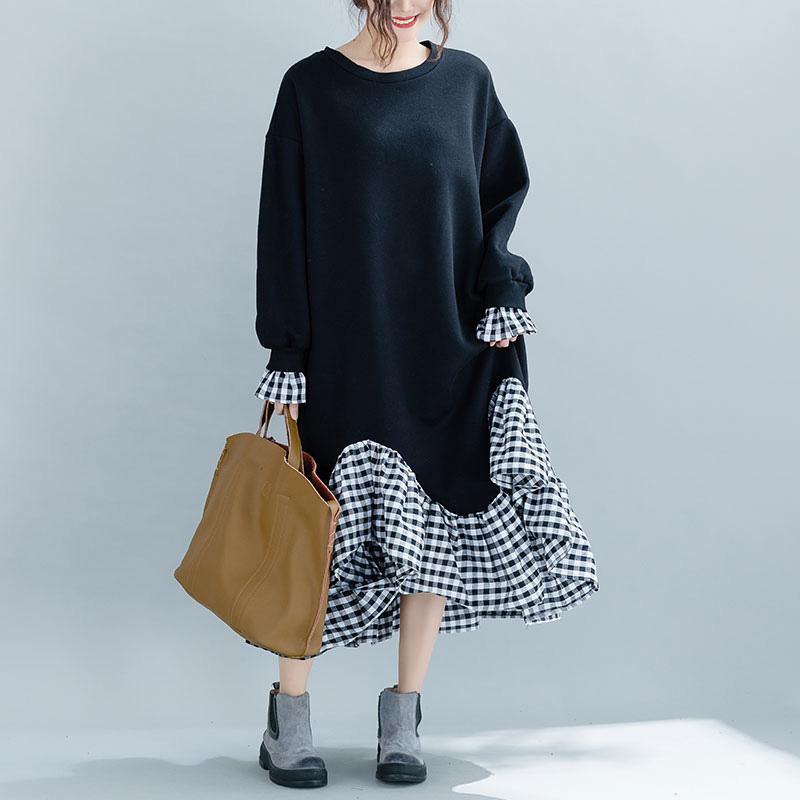 DIY patchwork Plaid cotton dresses Plus Size design black Kaftan Dresses - Omychic