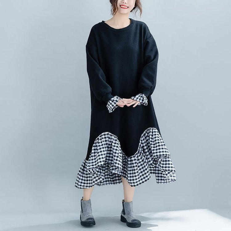 DIY patchwork Plaid cotton dresses Plus Size design black Kaftan Dresses - Omychic
