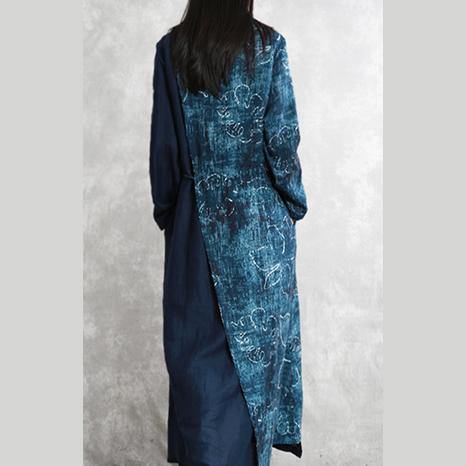 DIY patchwork linen clothes For Women 18th Century Cotton blue prints loose Dresses spring - Omychic