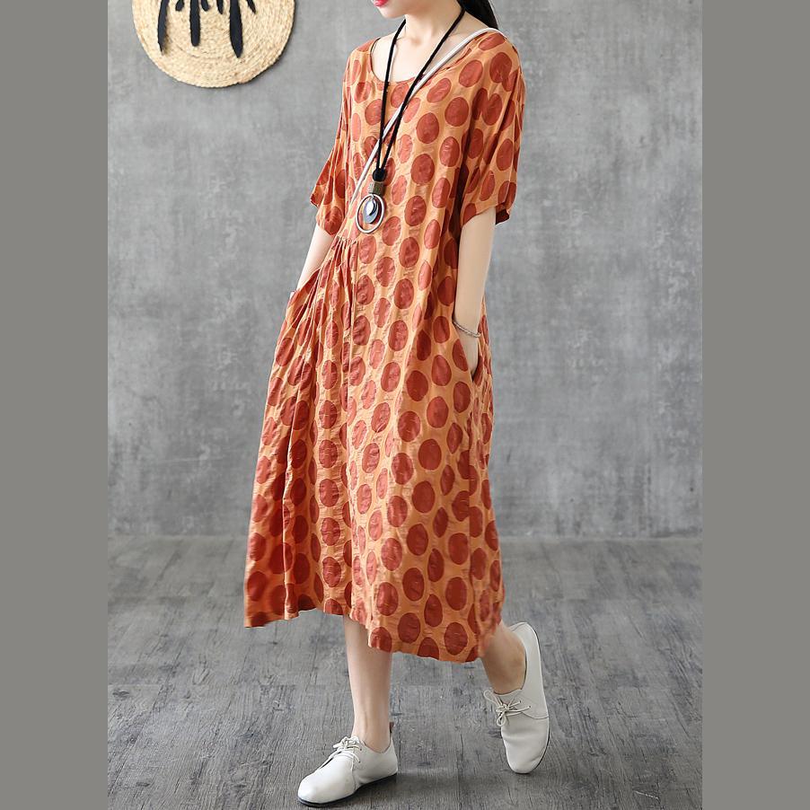 DIY patchwork o neck cotton tunic top Wardrobes brown dotted long Dresses summer - Omychic