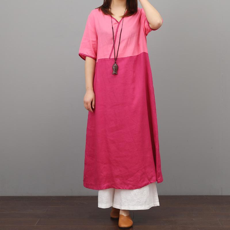 DIY patchwork v neck linen clothes Online Shopping rose Dress summer - Omychic