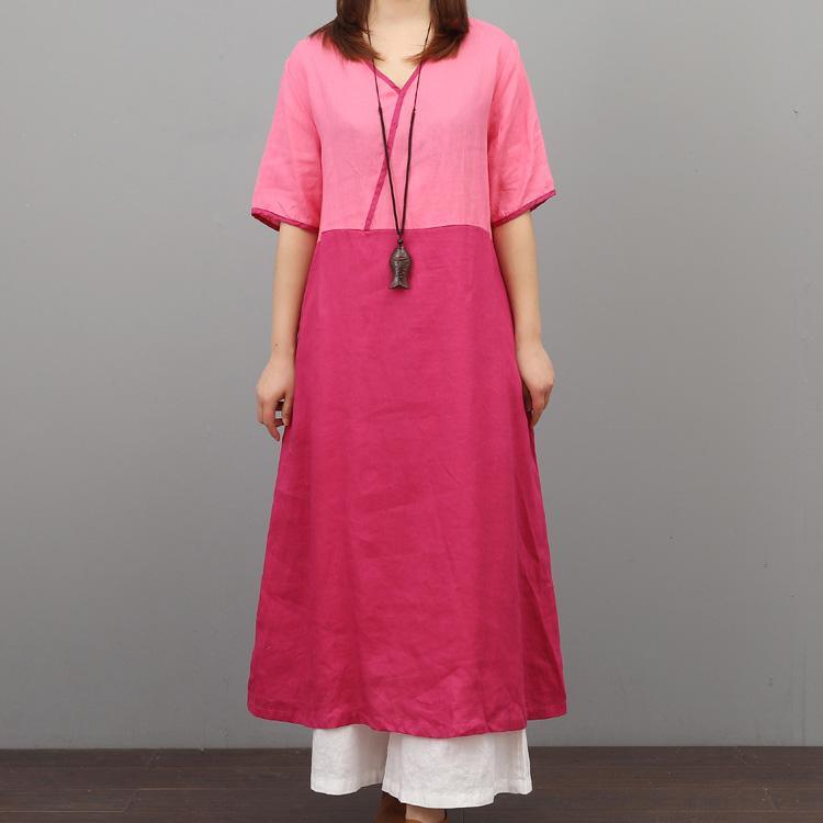 DIY patchwork v neck linen clothes Online Shopping rose Dress summer - Omychic