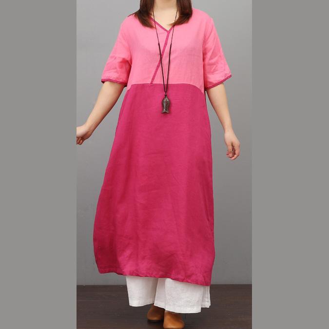 DIY patchwork v neck linen clothes Online Shopping rose Dress summer - Omychic