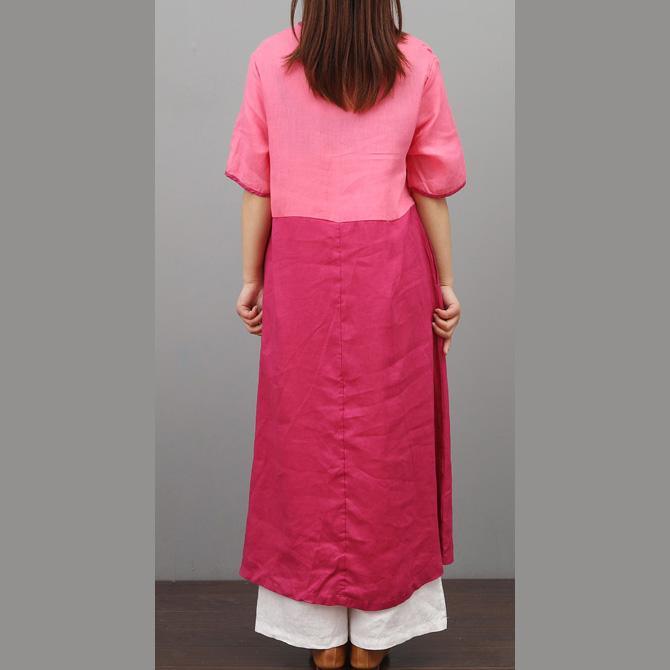 DIY patchwork v neck linen clothes Online Shopping rose Dress summer - Omychic