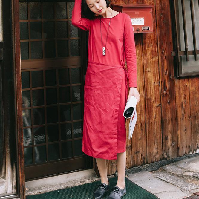 DIY red Cotton clothes Women Sweets Inspiration o neck patchwork Knee spring Dress - Omychic