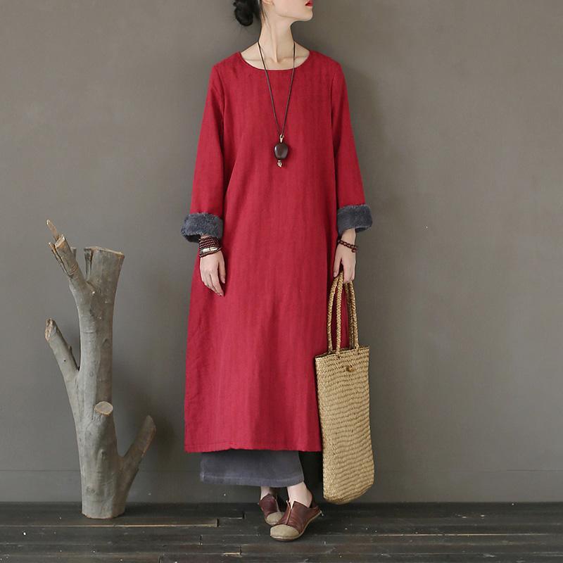 DIY red cotton clothes Organic Inspiration Plus Size Clothing patchwork o neck asymmetric Dresses - Omychic