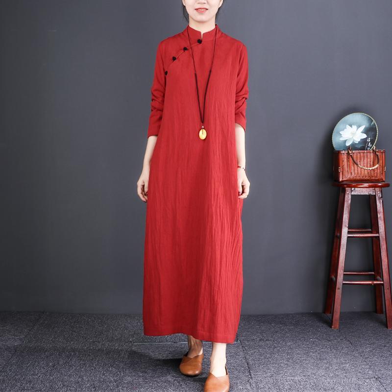 DIY red linen clothes 2019 Tunic Tops stand collar cotton Dress - Omychic