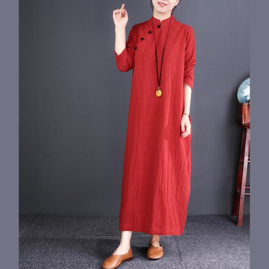 DIY red linen clothes 2019 Tunic Tops stand collar cotton Dress - Omychic