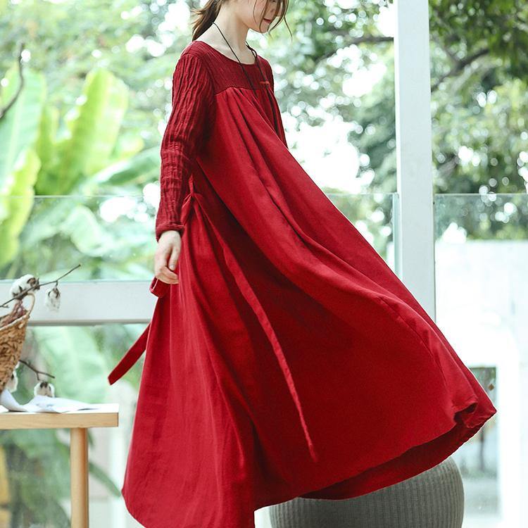 DIY red linen dresses Fashion Ideas o neck embroidery A Line spring Dress - Omychic