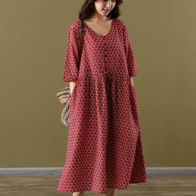 DIY red print cotton quilting dresses v neck wrinkled loose summer Dress - Omychic