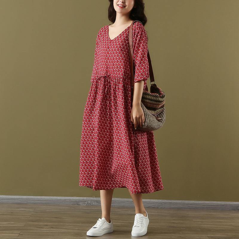 DIY red print cotton quilting dresses v neck wrinkled loose summer Dress - Omychic