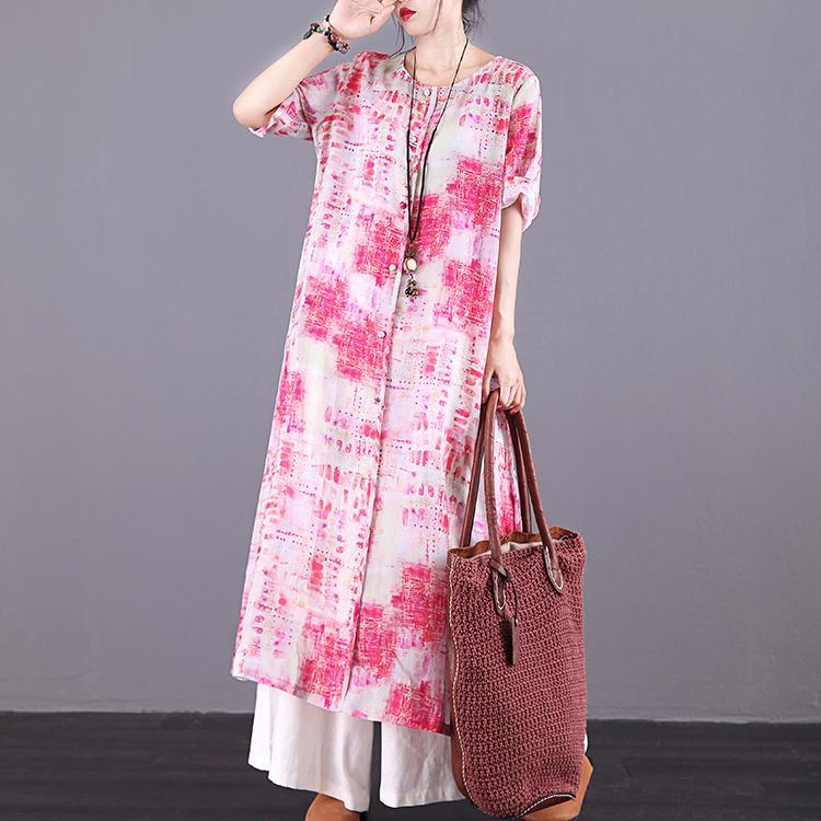 DIY red print linen clothes For Women o neck Button Down long summer Dresses - Omychic