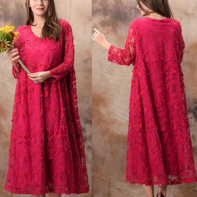 DIY rose lace quilting dresses Organic pattern o neck false two pieces robes spring Dress - Omychic