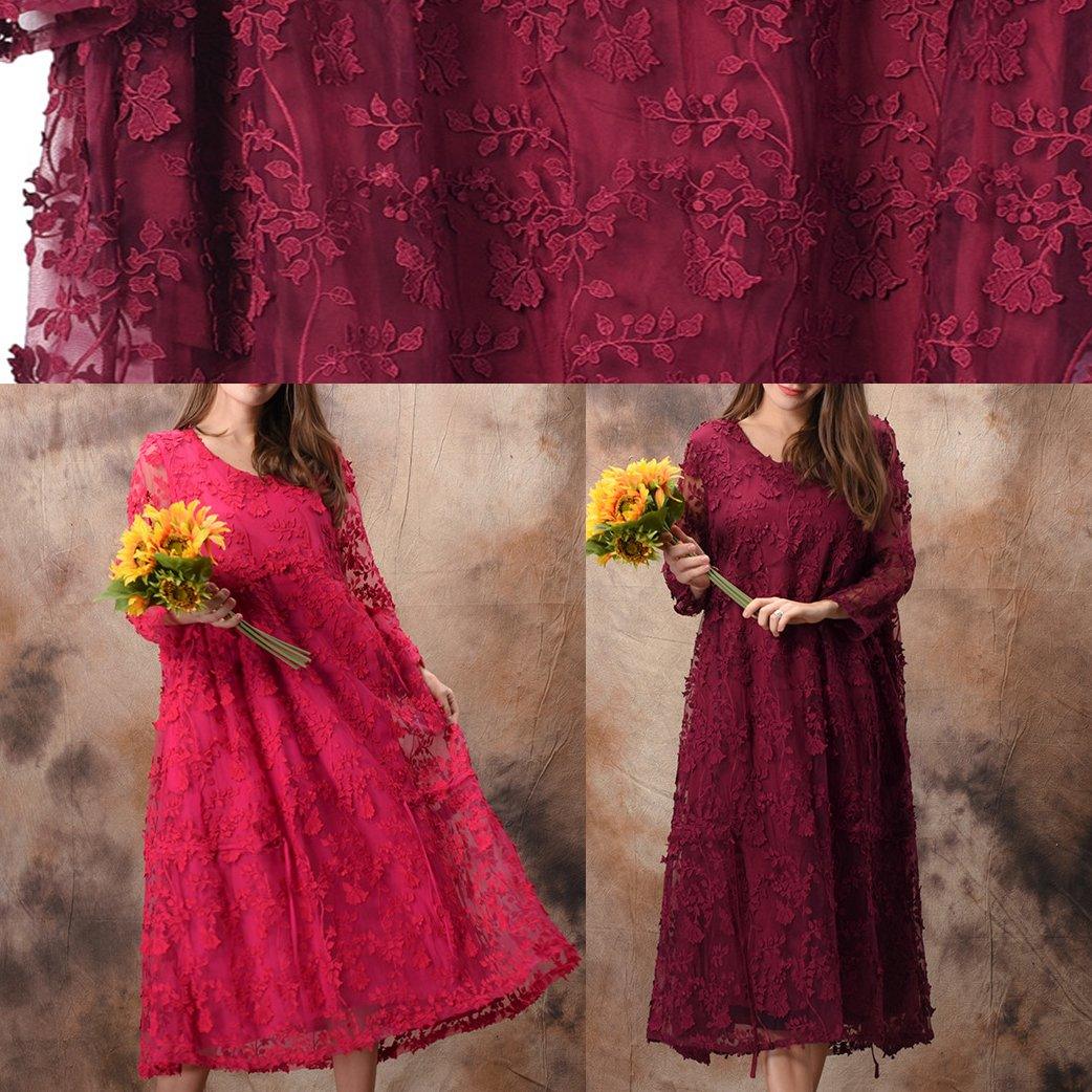 DIY rose lace quilting dresses Organic pattern o neck false two pieces robes spring Dress - Omychic