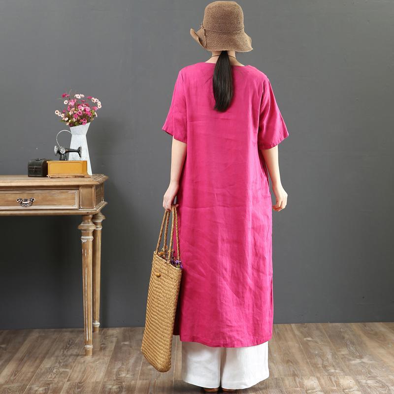 DIY rose linen sundress Korea Tunic Tops embroidery v neck Maxi Summer Dress - Omychic