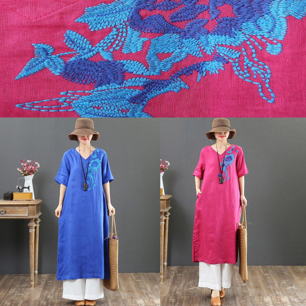 DIY rose linen sundress Korea Tunic Tops embroidery v neck Maxi Summer Dress - Omychic