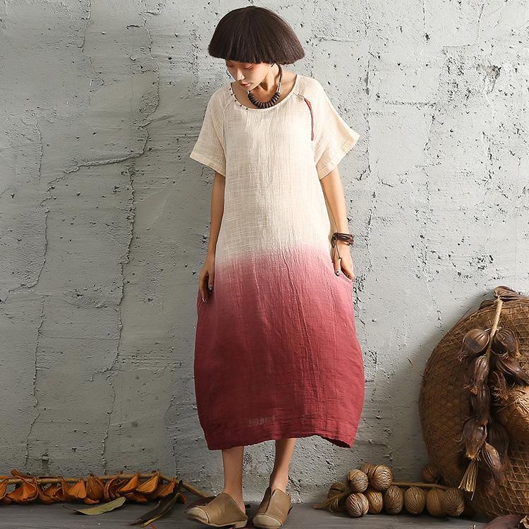DIY short sleeve cotton linen Long Shirts design red o neck Dresses summer - Omychic