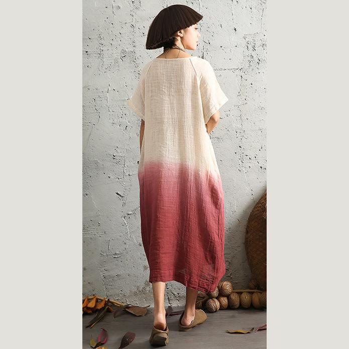 DIY short sleeve cotton linen Long Shirts design red o neck Dresses summer - Omychic