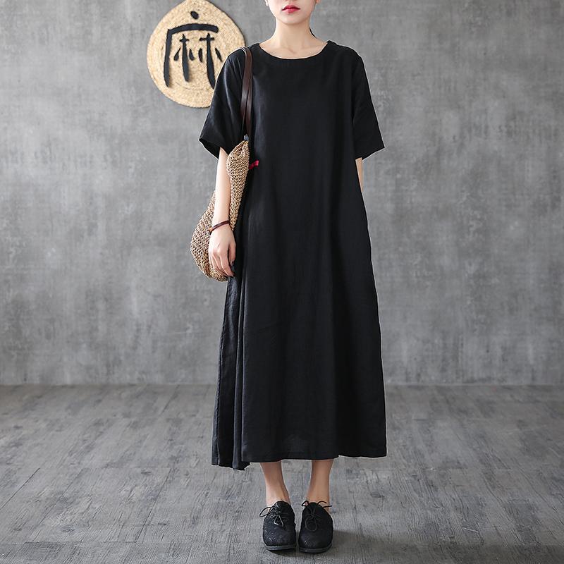 DIY short sleeve pockets linen dress Photography black Dress - Omychic