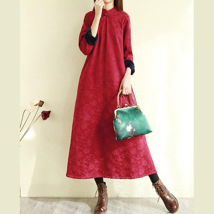 DIY side open cotton thick clothes pattern burgundy Dress - Omychic