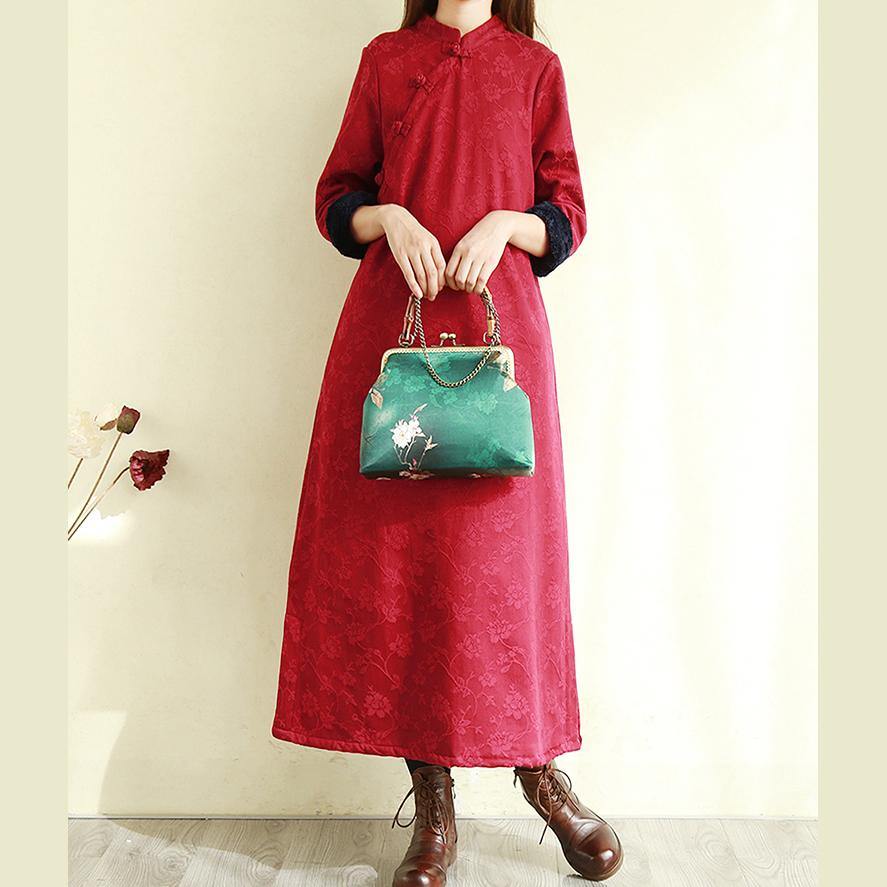 DIY side open cotton thick clothes pattern burgundy Dress - Omychic