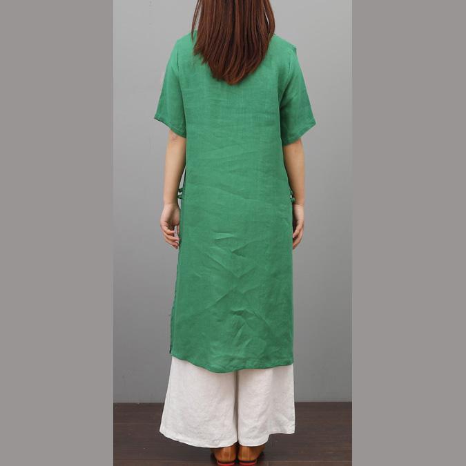 DIY side open linen dresses Work Outfits green Dresses summer - Omychic