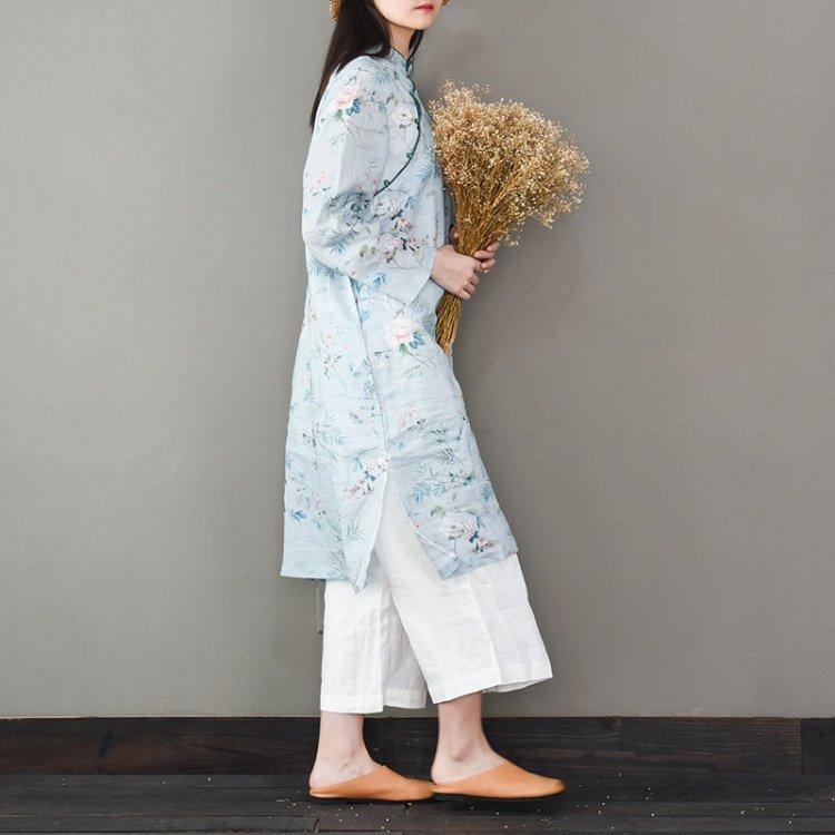 DIY side open linen spring clothes For Women Wardrobes blue floral Dress - Omychic