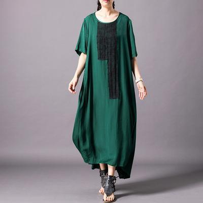 DIY silk green Robes  Geometric Round Neck Lace-Up Korea Spliced Irregular Dress - Omychic