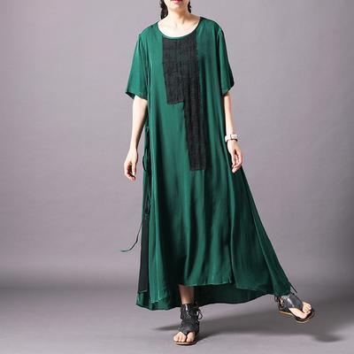 DIY silk green Robes  Geometric Round Neck Lace-Up Korea Spliced Irregular Dress - Omychic