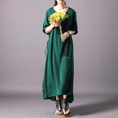 DIY silk green Robes  Geometric Round Neck Lace-Up Korea Spliced Irregular Dress - Omychic