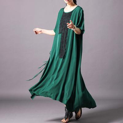 DIY silk green Robes  Geometric Round Neck Lace-Up Korea Spliced Irregular Dress - Omychic