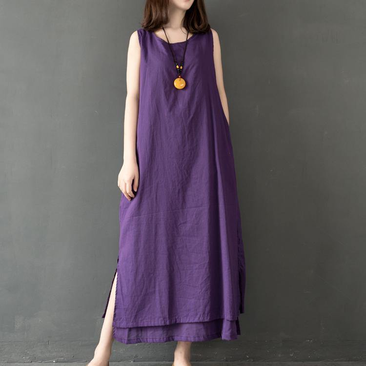 DIY sleeveless cotton Wardrobes linen purple o neck Robe Dress summer - Omychic