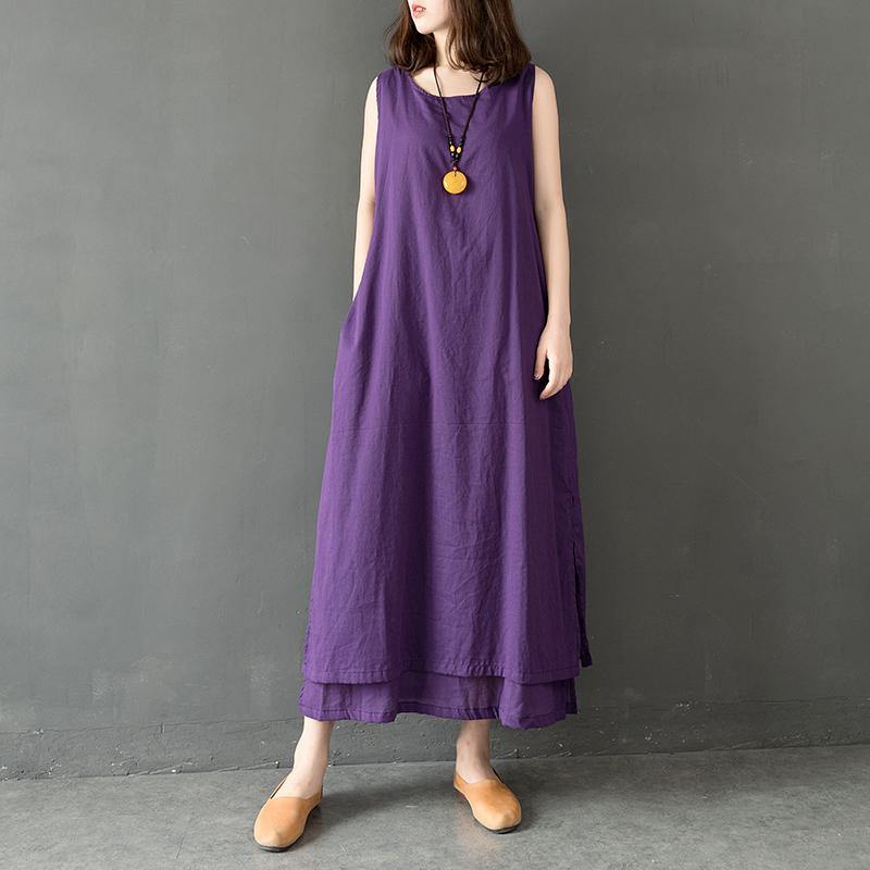 DIY sleeveless cotton Wardrobes linen purple o neck Robe Dress summer - Omychic
