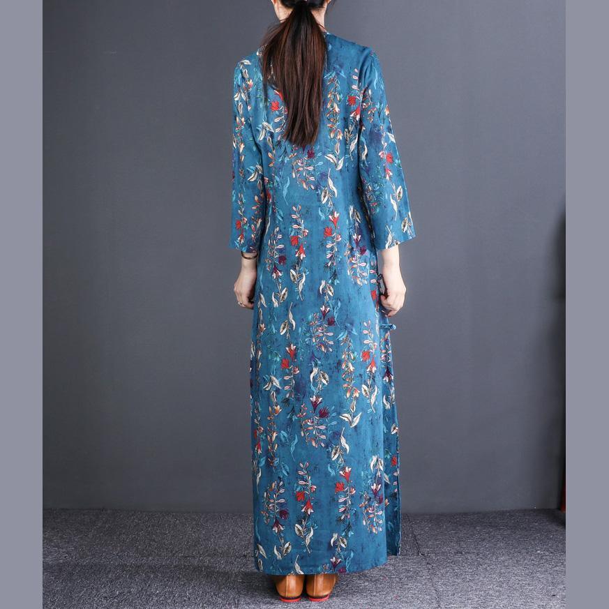 DIY slim linen clothes Omychic Catwalk blue print long Dresses - Omychic